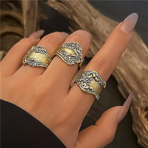 โจ Bold Boho Spoon Ring Set | Chunky Gold Adjustable Rings | Vintage Floral - Picture 2 of 5